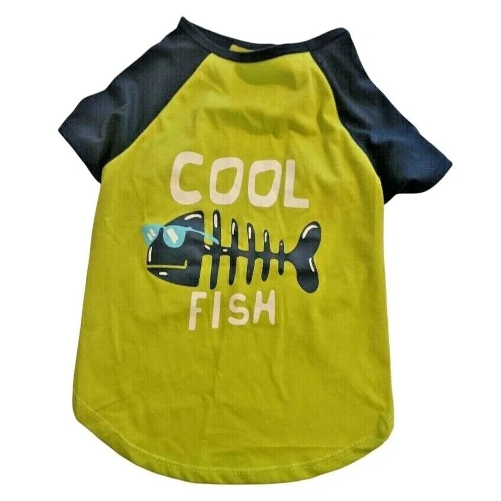 Cool Fish Skeleton Graphic Dog‎ Large T-Shirt Lime Green Navy Raglan Pet Tee